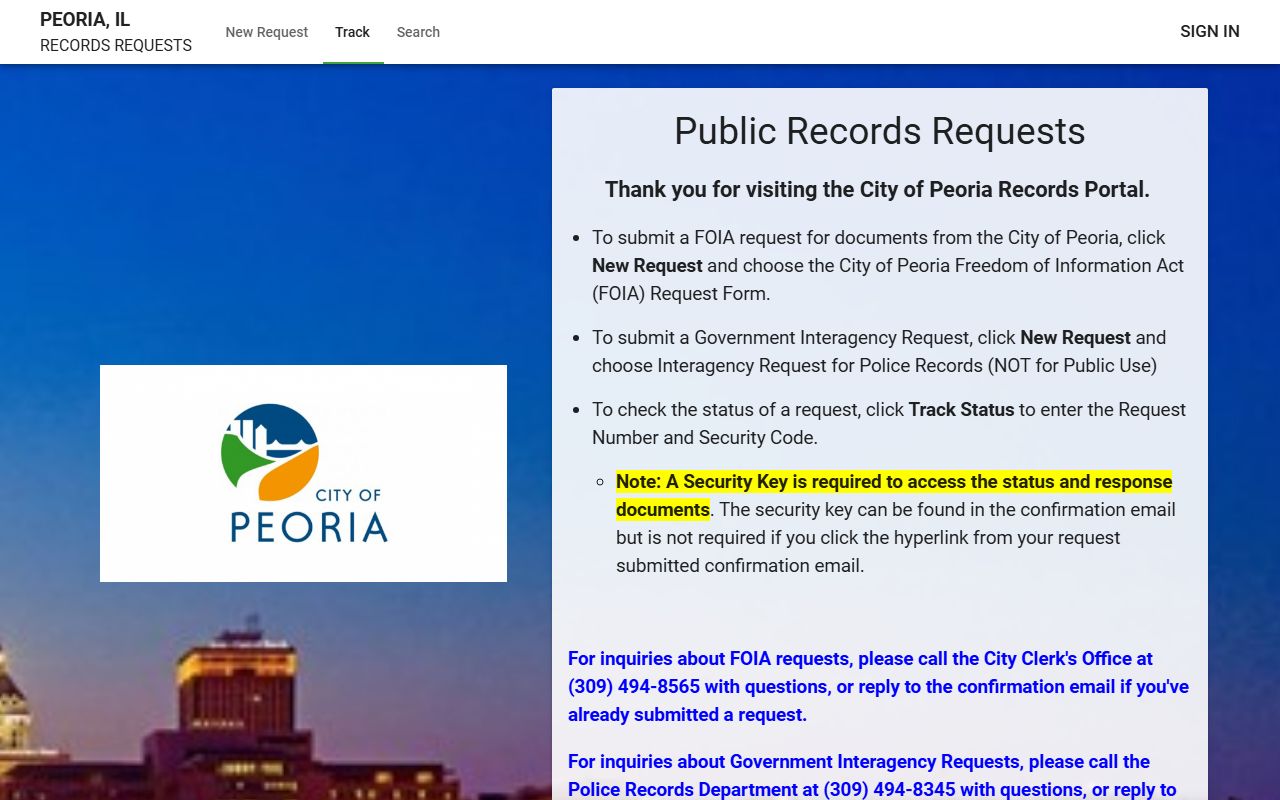 Peoria FOIA portal for submitting booking release records requests