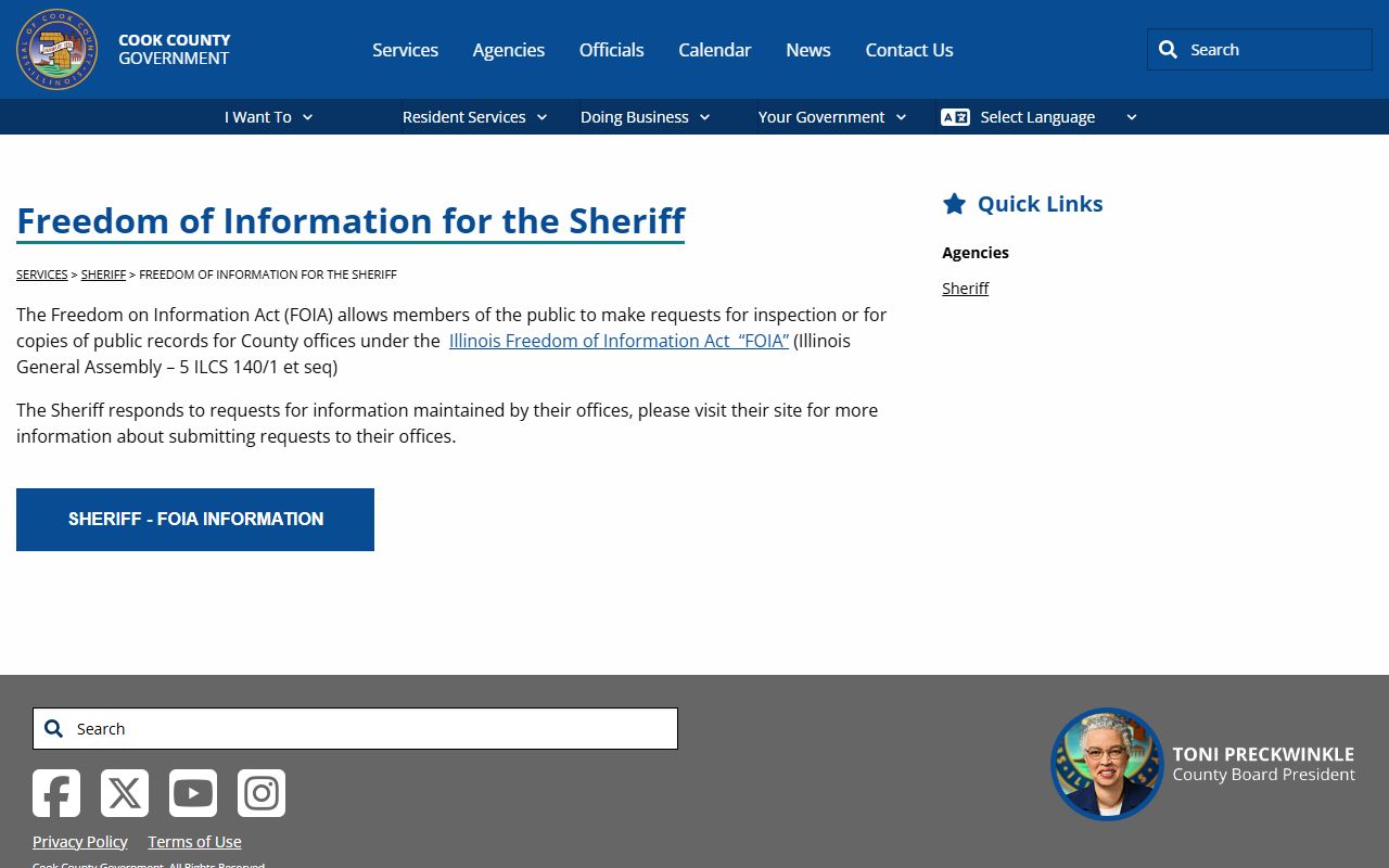Cook County Sheriff FOIA request page for booking release records
