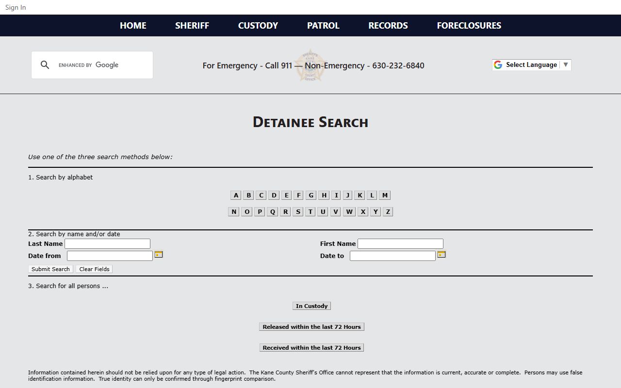 Kane County detainee search portal for booking releases