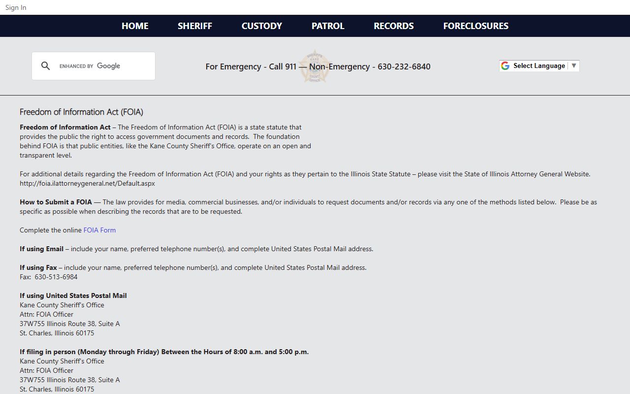 Kane County Sheriff FOIA request page for booking releases