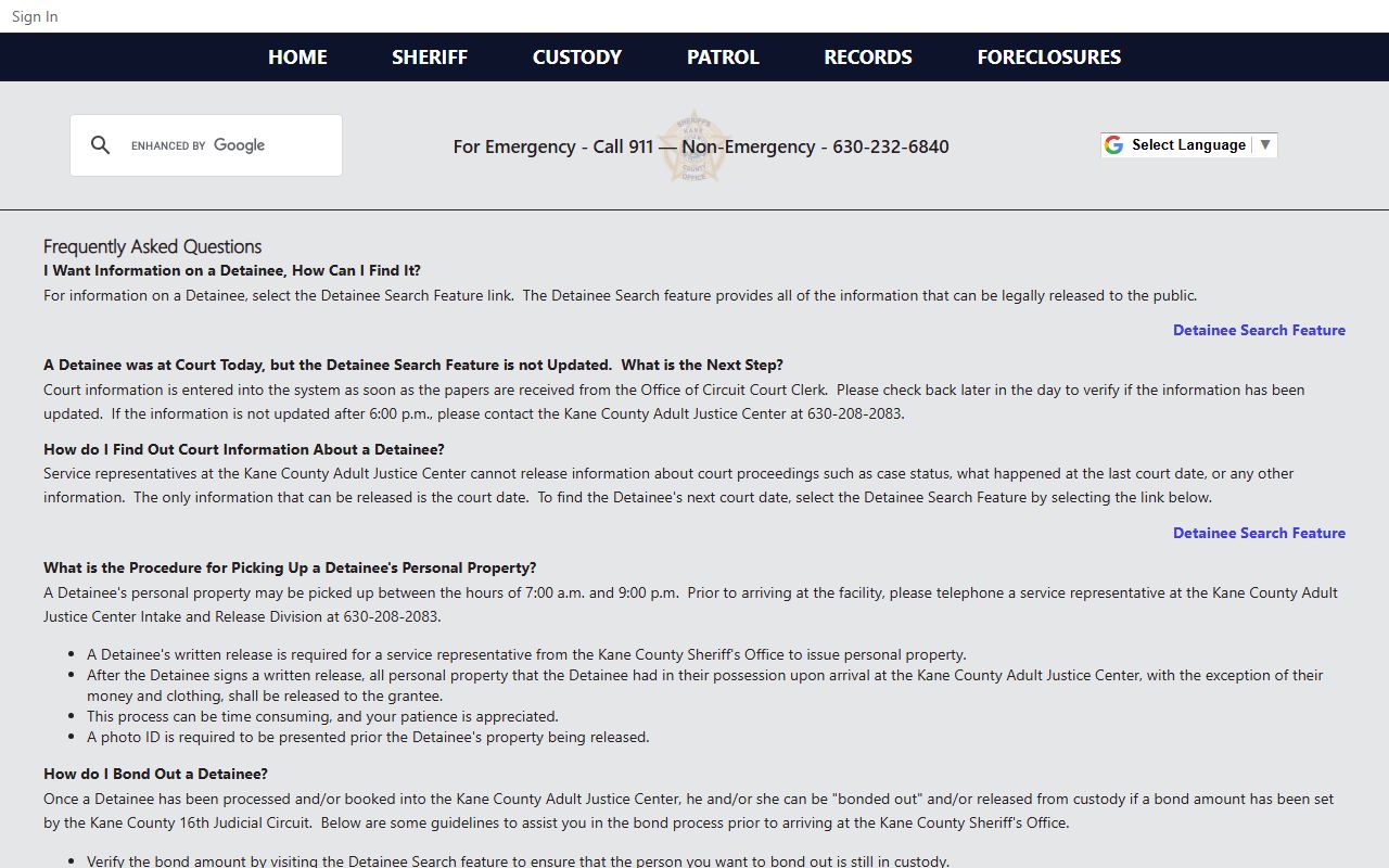 Kane County Adult Justice Center FAQ page