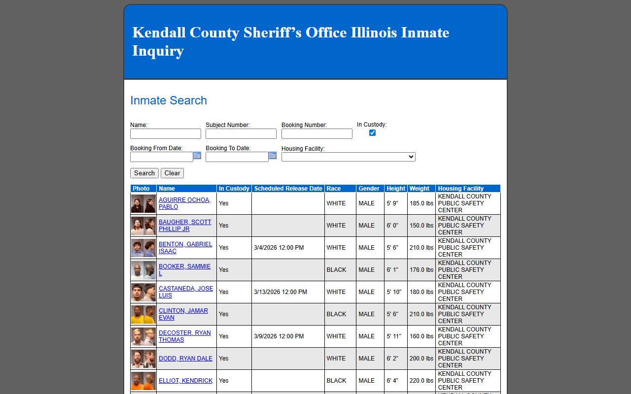 Kendall County inmate search tool for booking releases