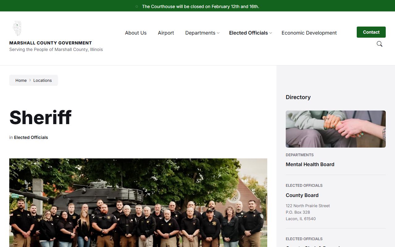 Marshall County Sheriff's Office page with contact details for booking release records