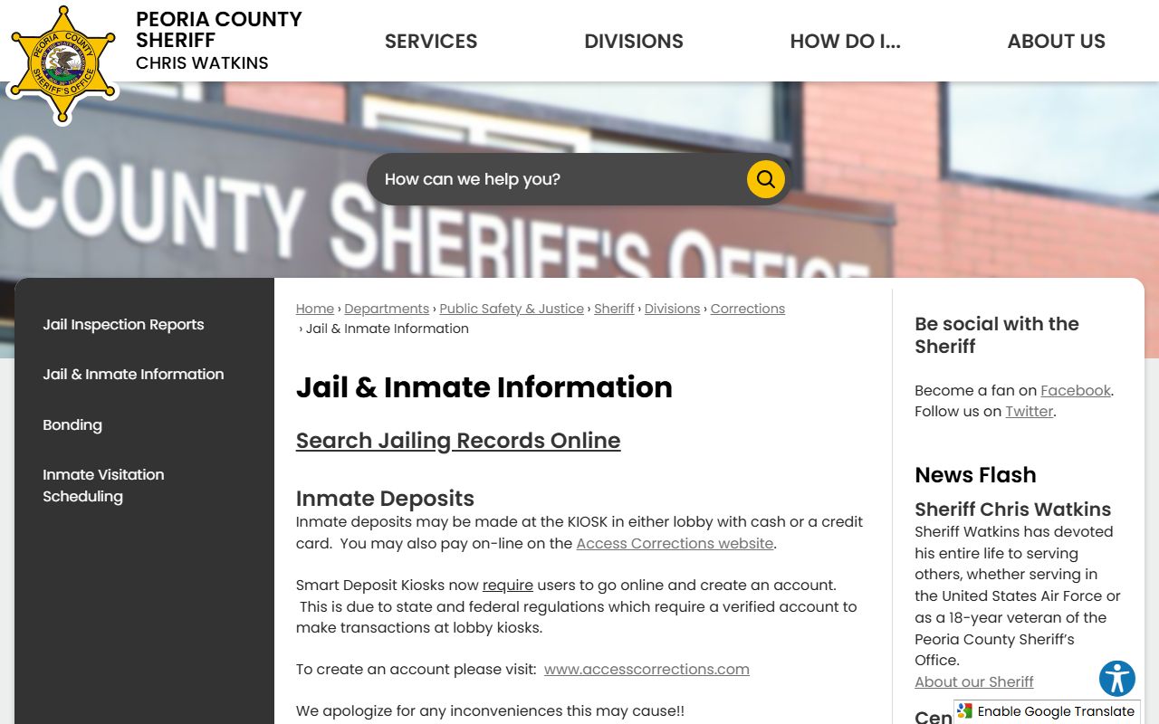 Peoria County Jail Inmate Information page for booking releases