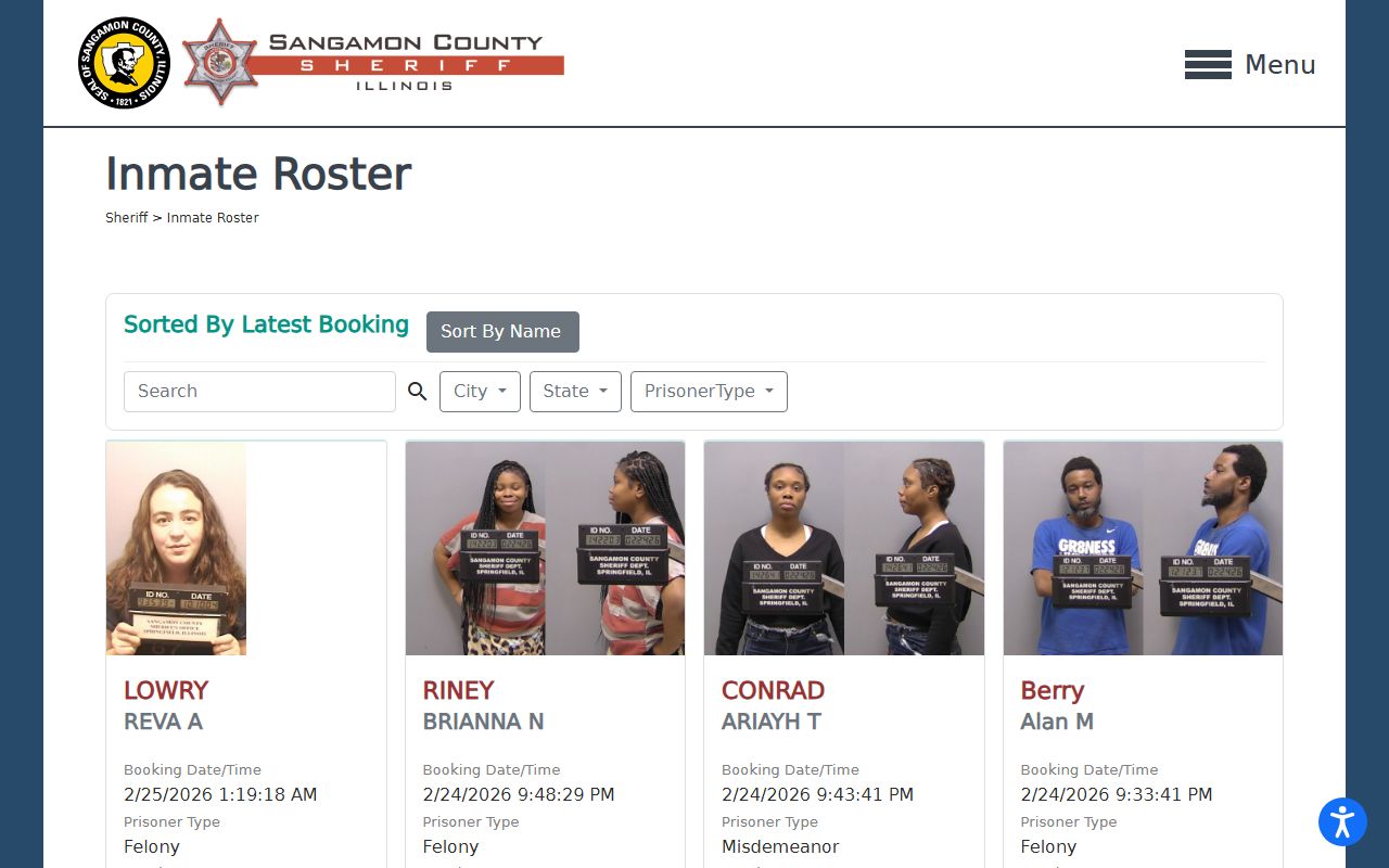 Sangamon County Sheriff inmate roster page showing current booking releases