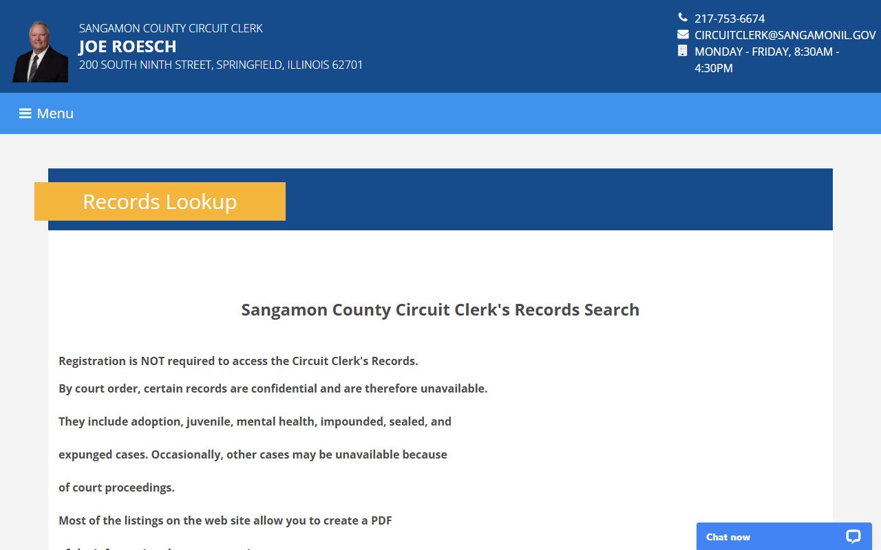 Sangamon County Circuit Clerk records lookup page for case searches related to booking releases