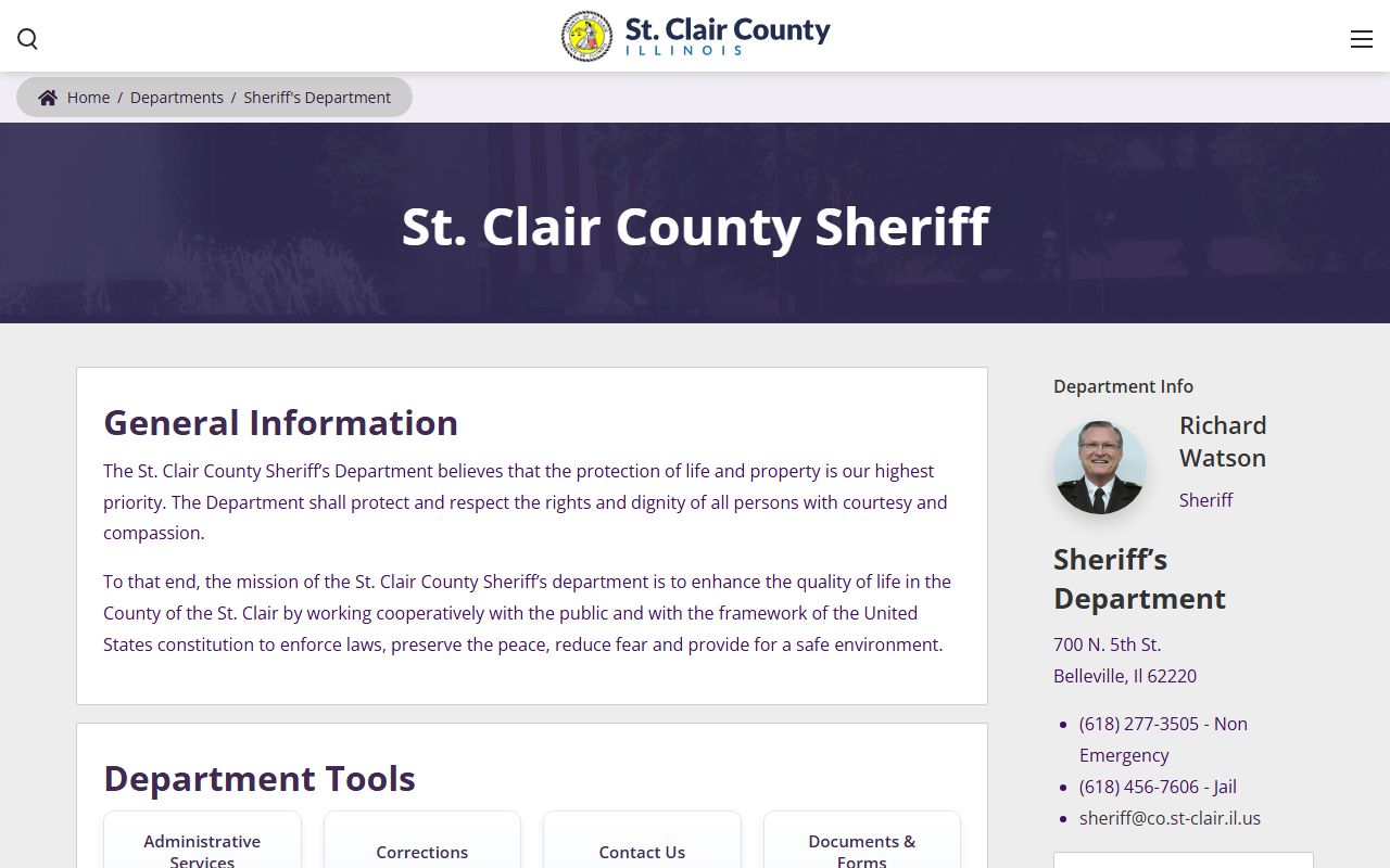 St. Clair County Sheriff's Department homepage with booking release resources