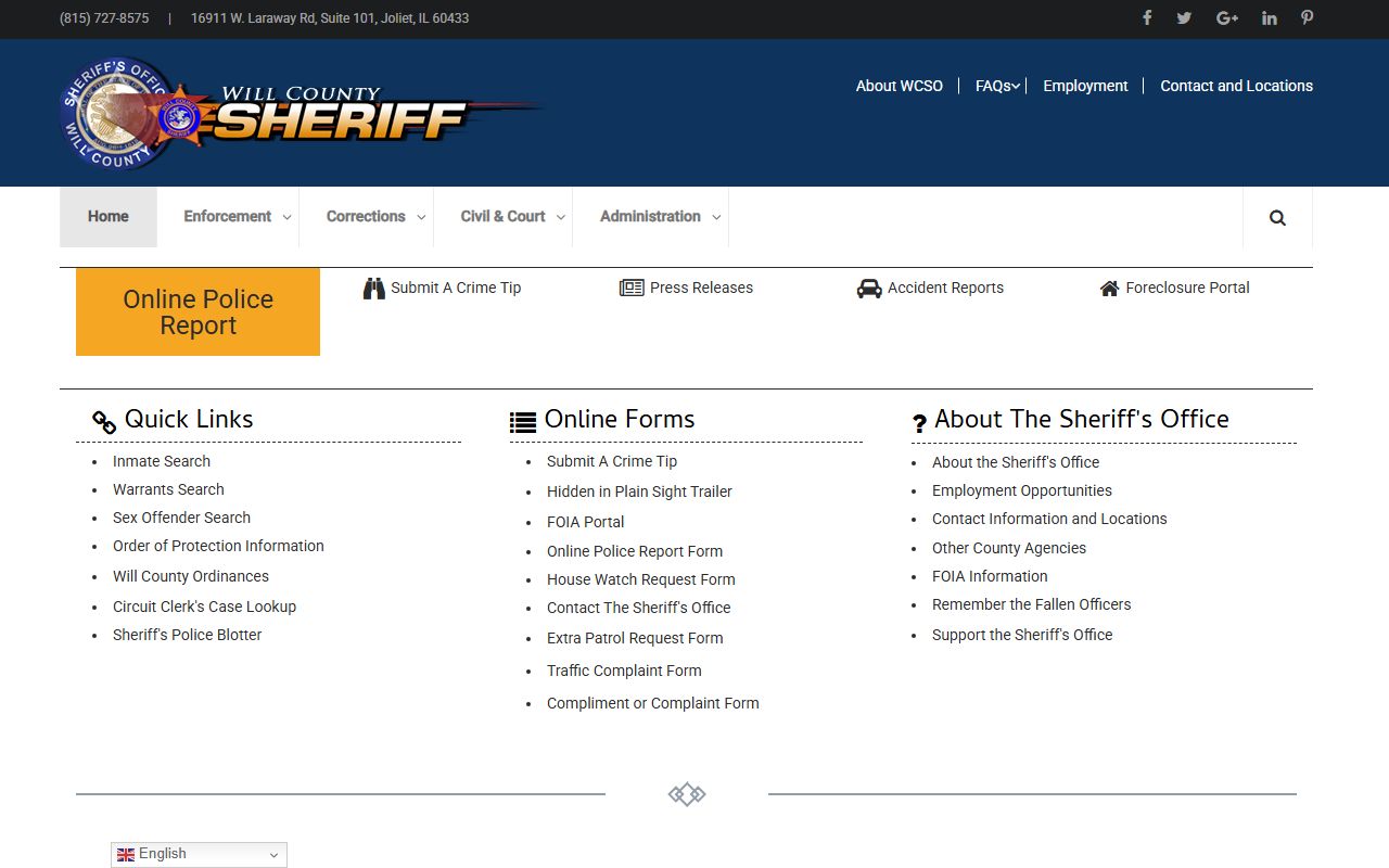 Will County Sheriff's Office website for booking releases