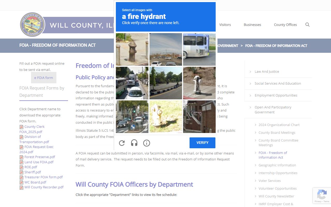 Will County FOIA request page for booking releases