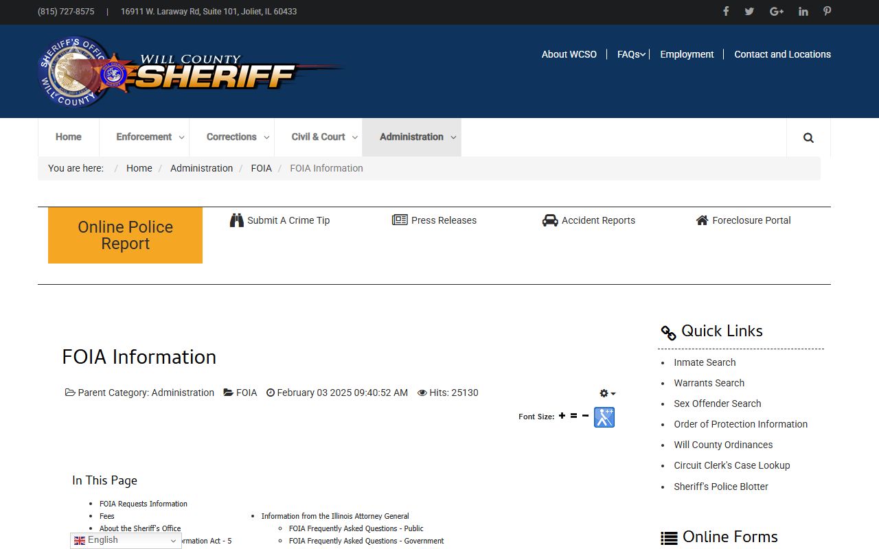 Will County Sheriff FOIA information page for booking release requests