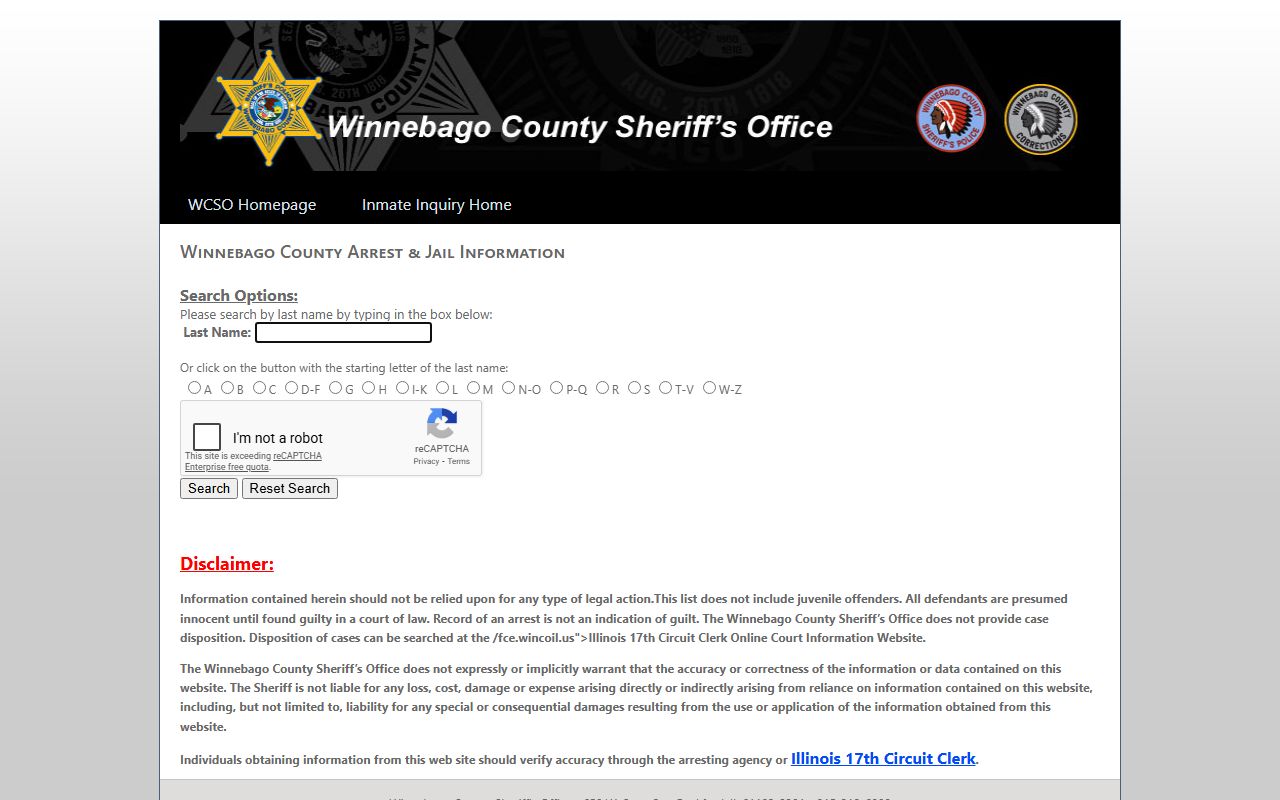 Winnebago County inmate inquiry search tool for booking releases
