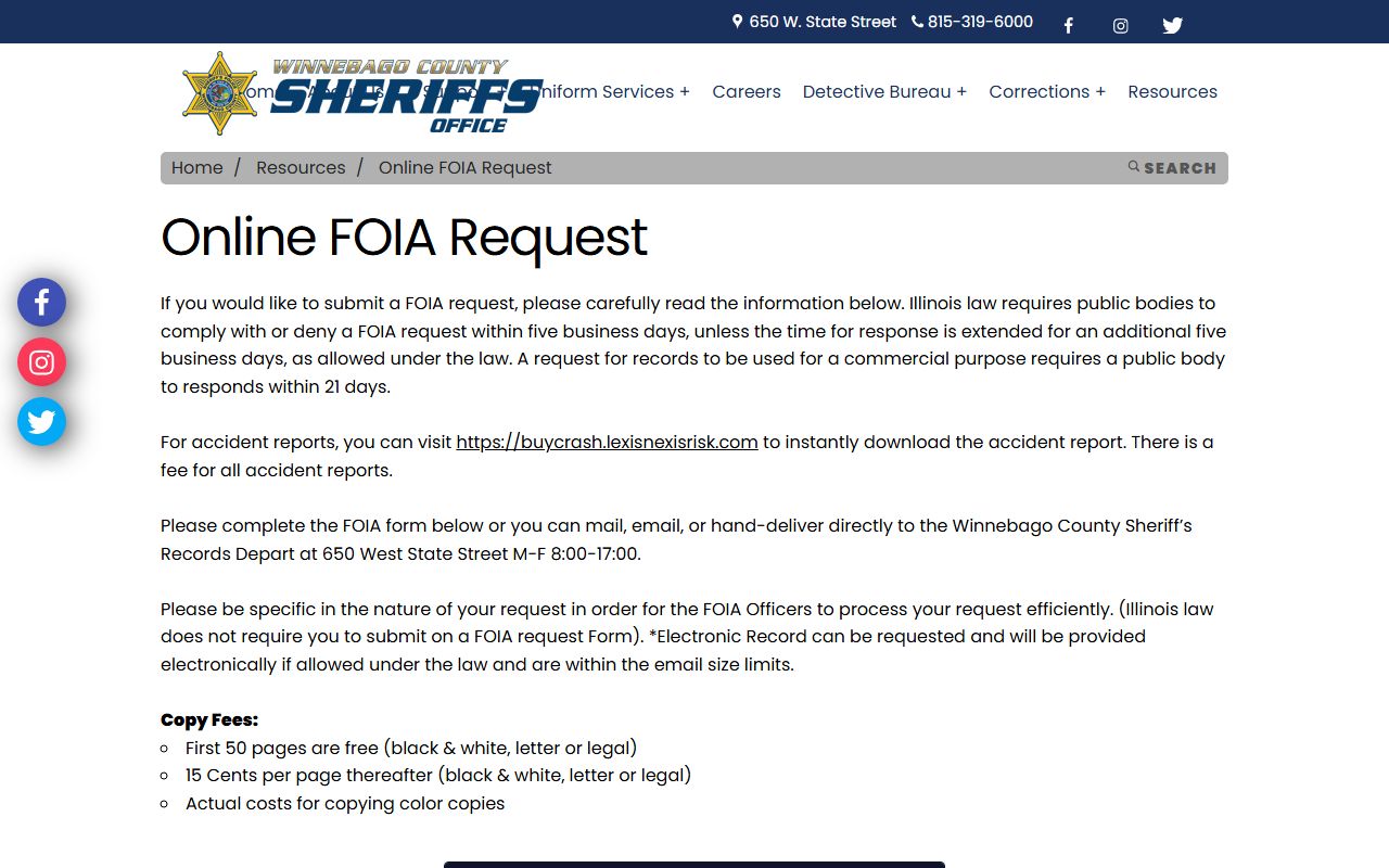 Winnebago County Sheriff online FOIA request page for booking releases