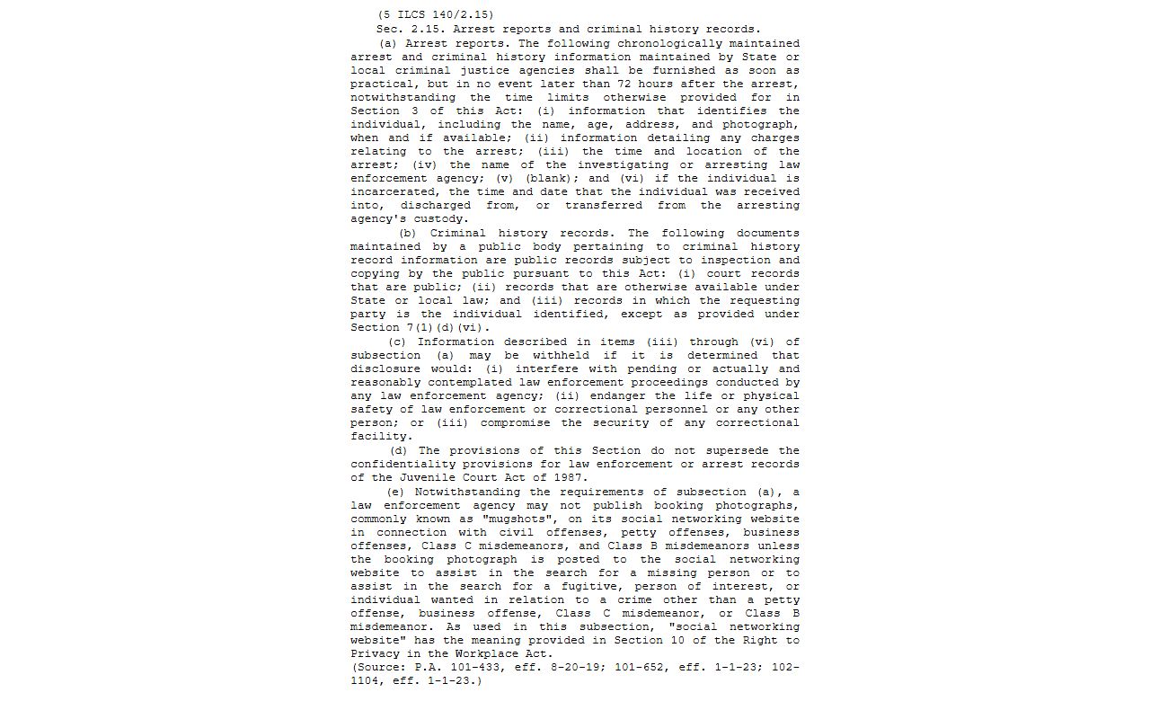 Illinois 5 ILCS 140 Section 2.15 arrest booking releases law