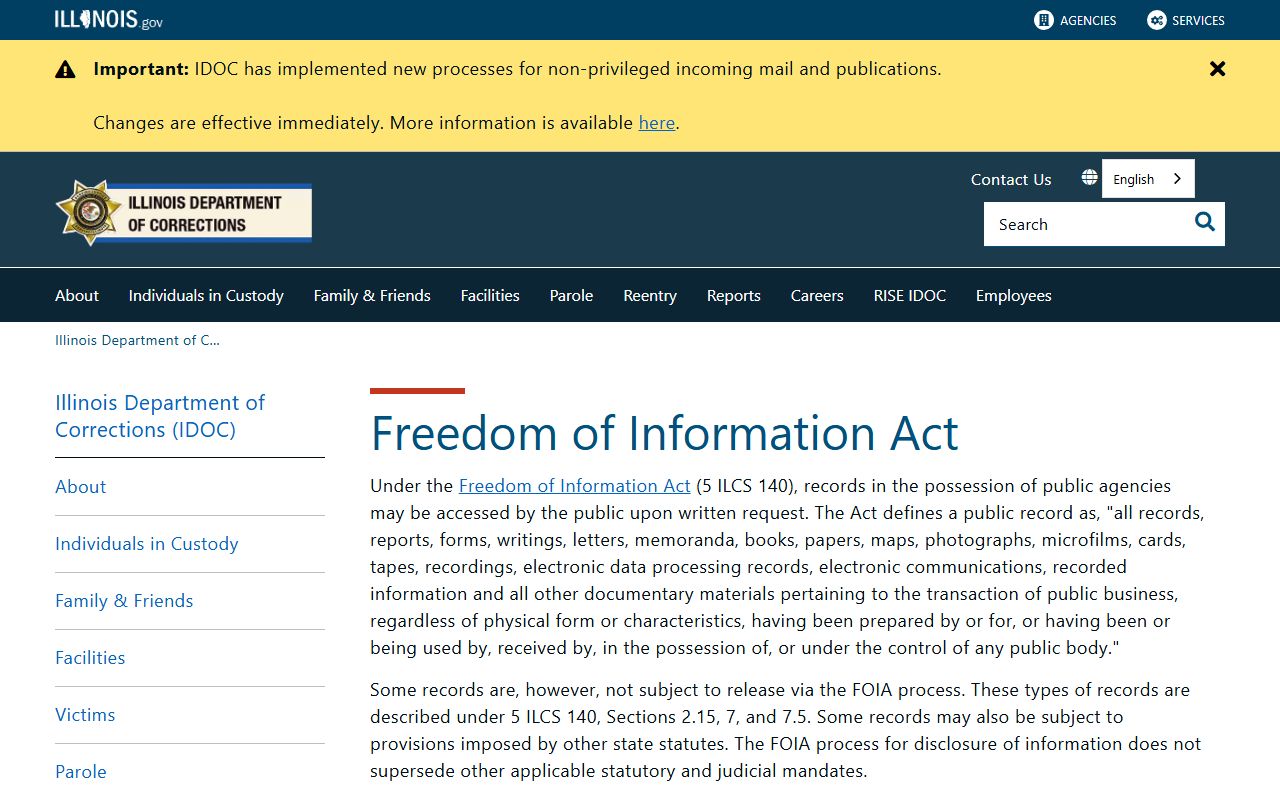 Illinois IDOC FOIA information page for booking releases