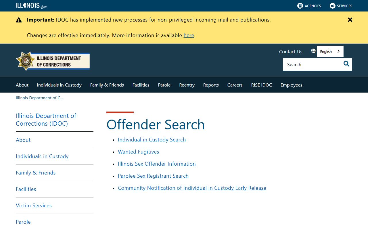 Illinois IDOC offender search portal for booking releases